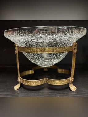 Vintage  Crackle Glass Decorative Bowl  with Brass stand